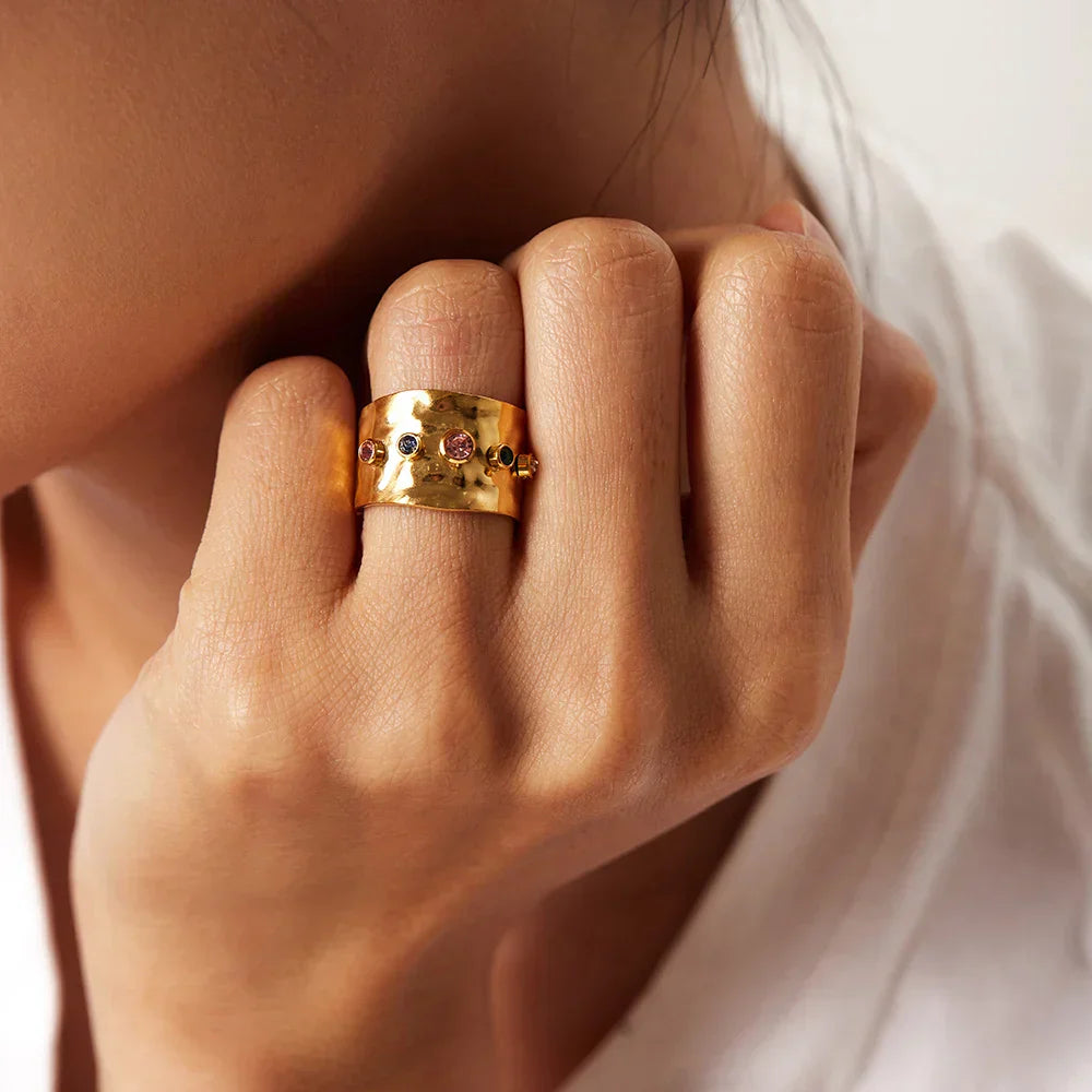 Adjustable Hammered Wide Rainbow Crystal Ring