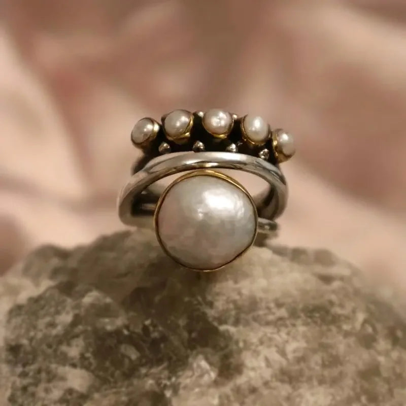 Stacked-Style Silver Pearl Ring