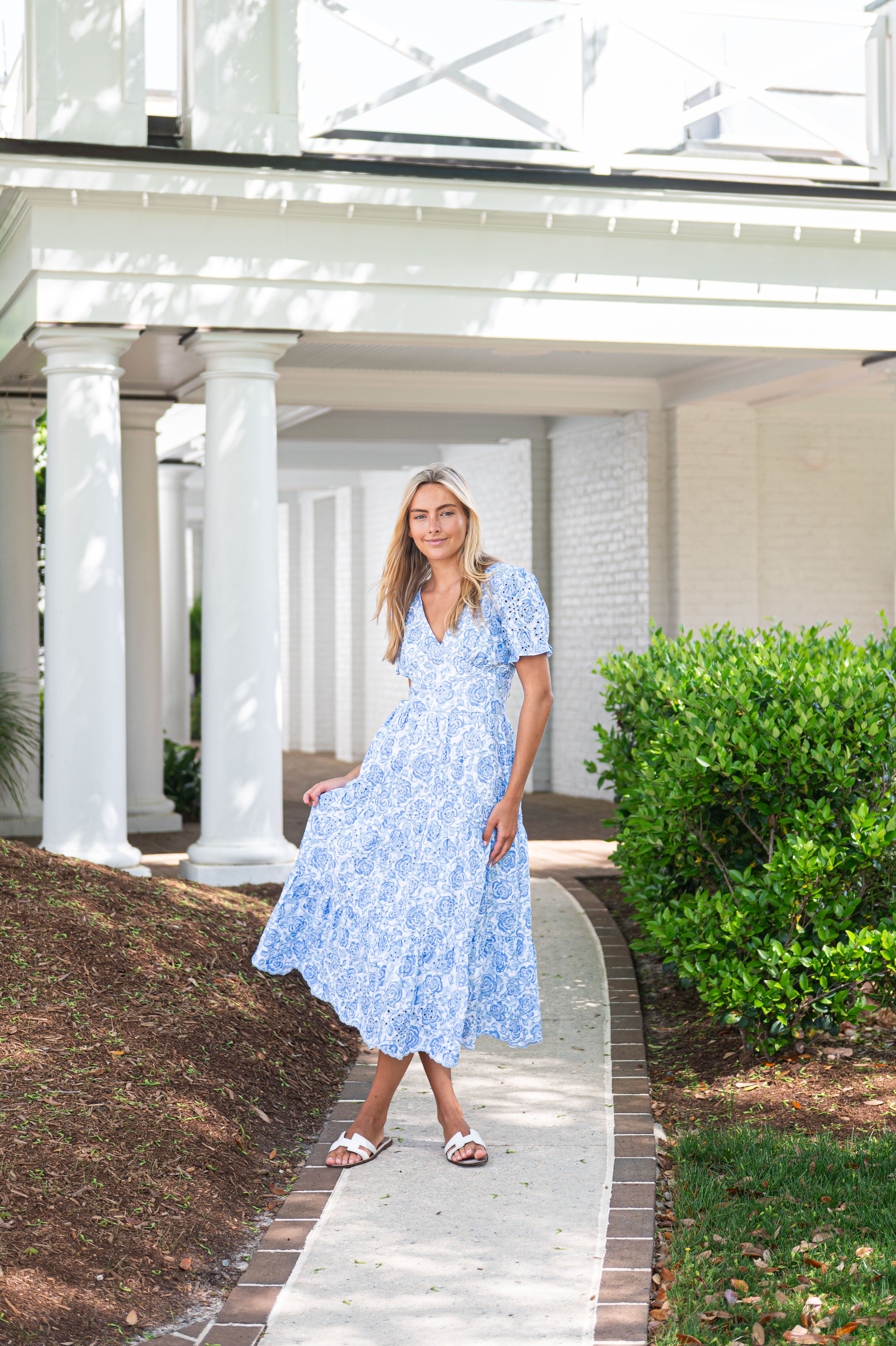 Jannice | Puff Sleeve Eyelet Midi Dress - White/Blue
