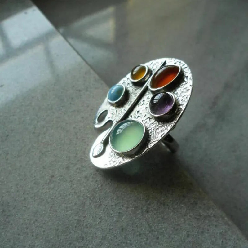 Artist Palette Multicolor Gemstone Adjustable Ring