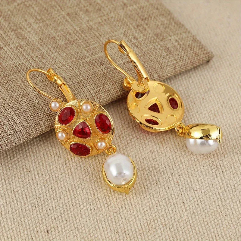 Geometric Red Color Stone Pearls Earrings