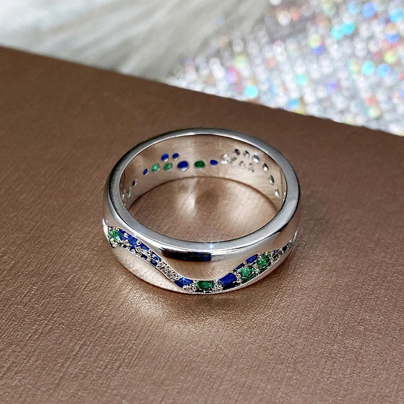 Vintage Silver Blue & Green Stone Wave Ring