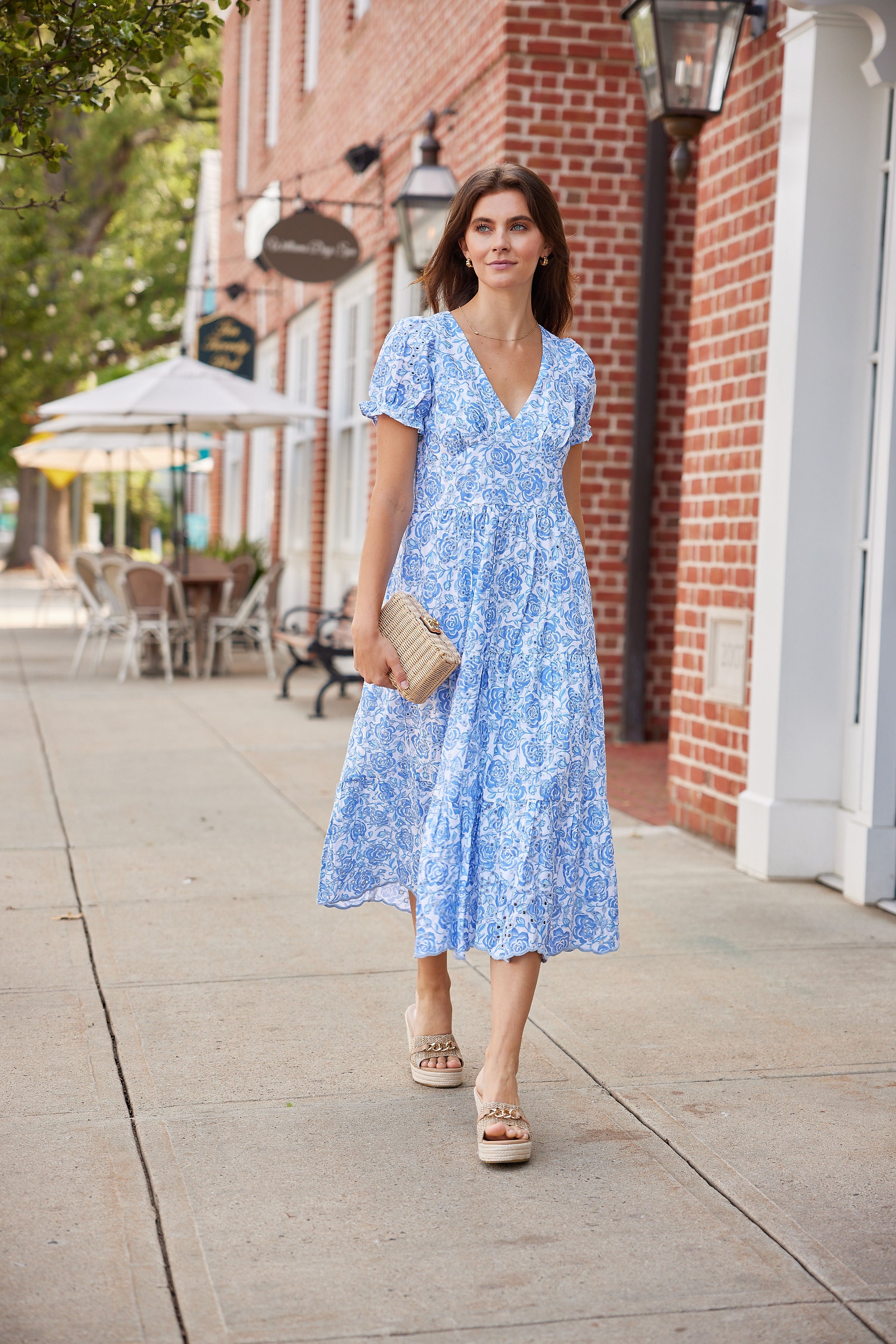 Jannice | Puff Sleeve Eyelet Midi Dress - White/Blue