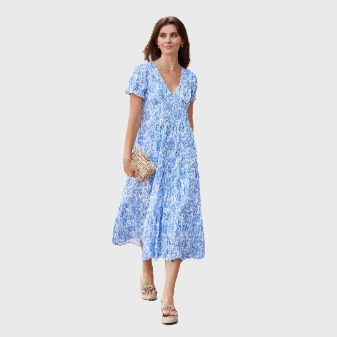 Jannice | Puff Sleeve Eyelet Midi Dress - White/Blue
