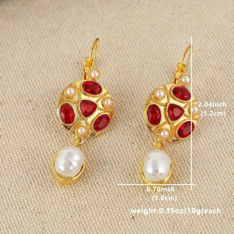 Geometric Red Color Stone Pearls Earrings