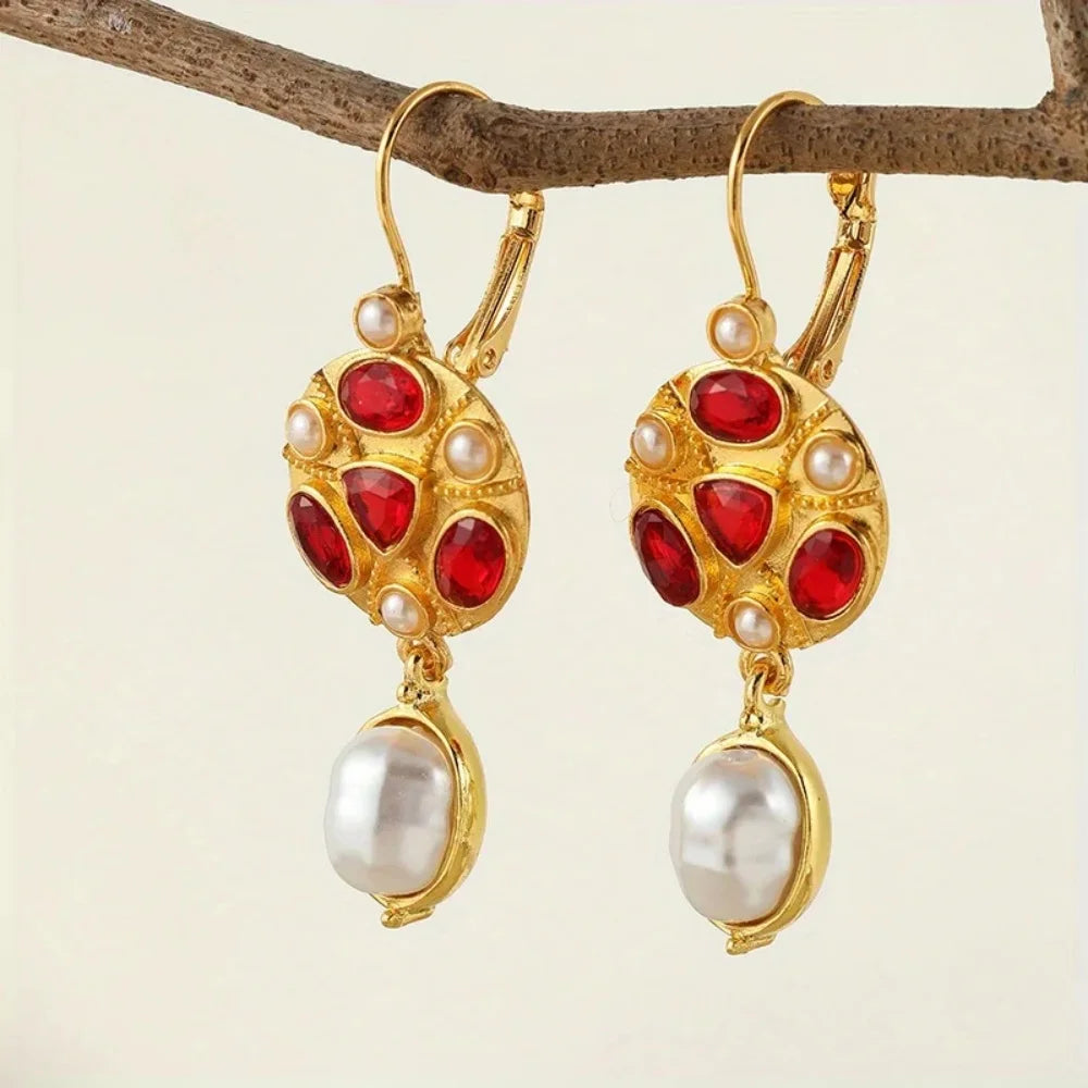 Geometric Red Color Stone Pearls Earrings