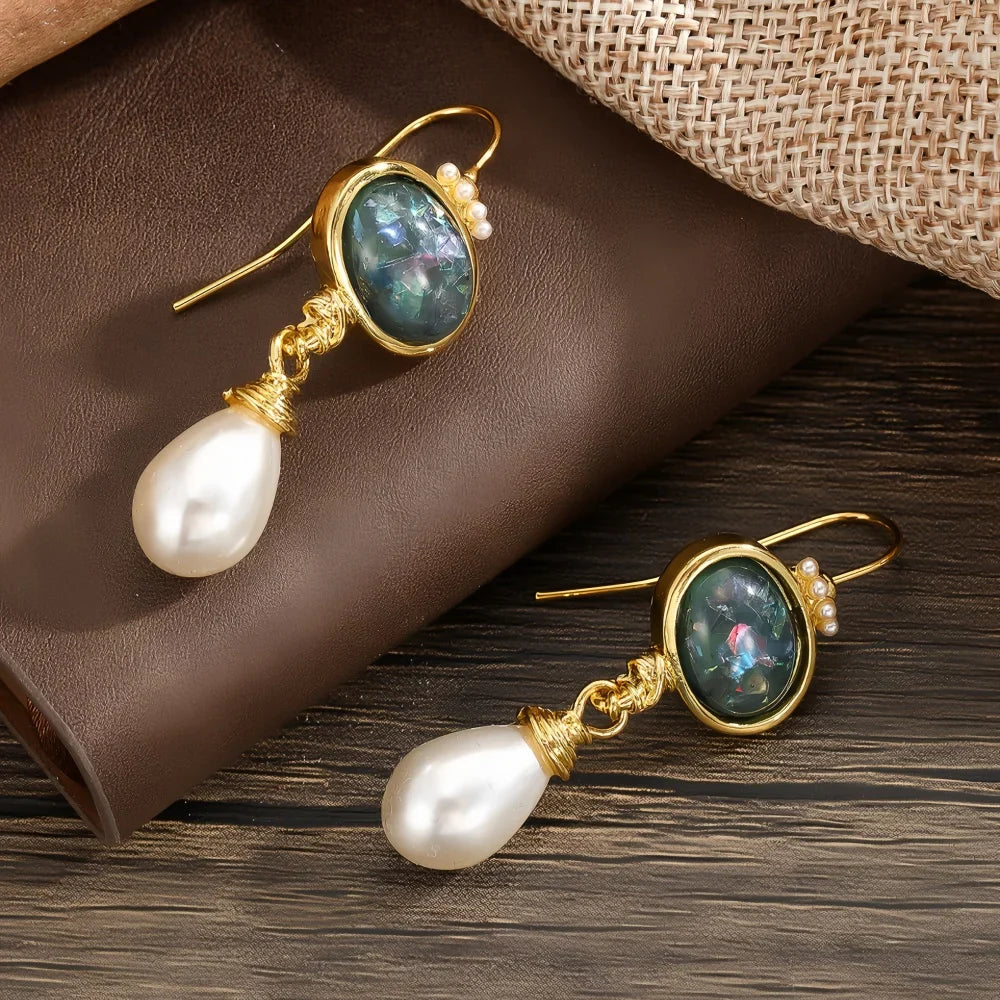 Geometry Black Stone and Pearl Earrings