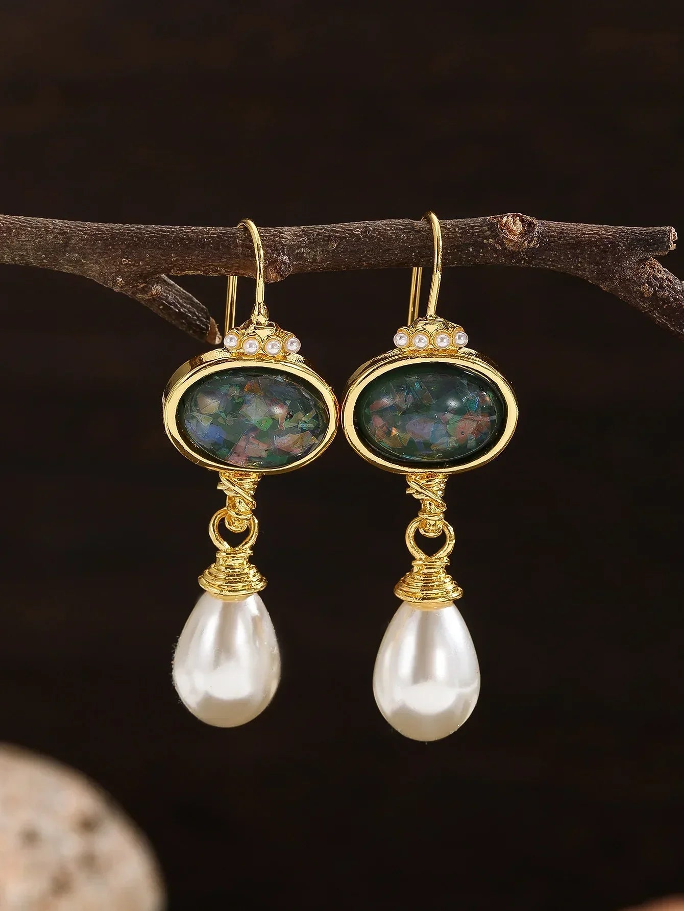Geometry Black Stone and Pearl Earrings