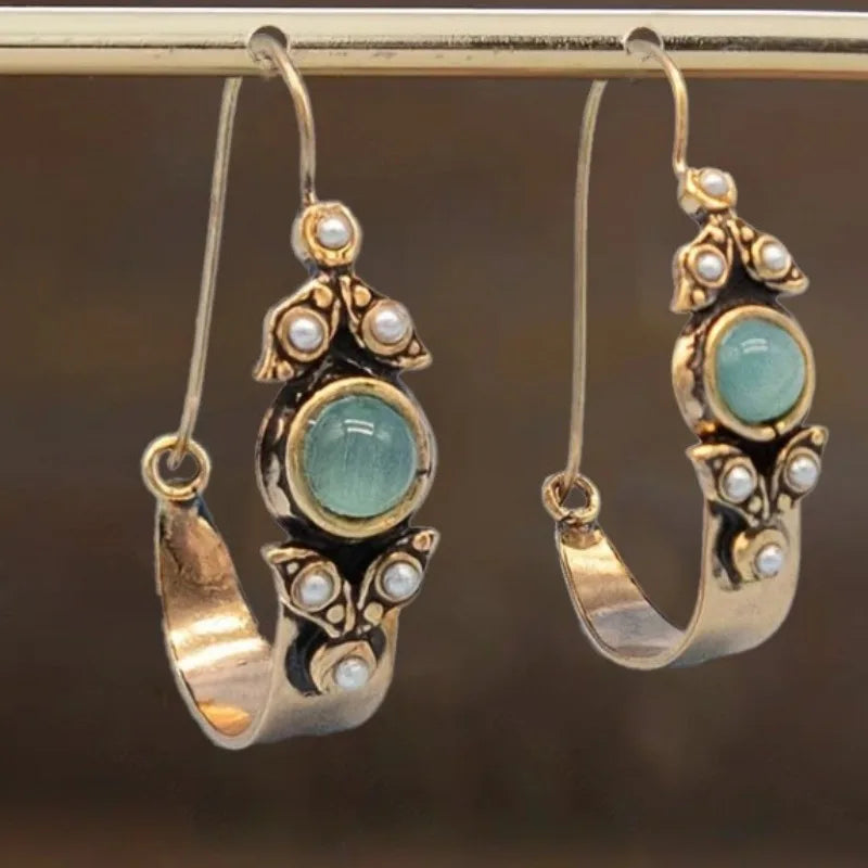 Vintage Mint Cabochon Pearl Hoops