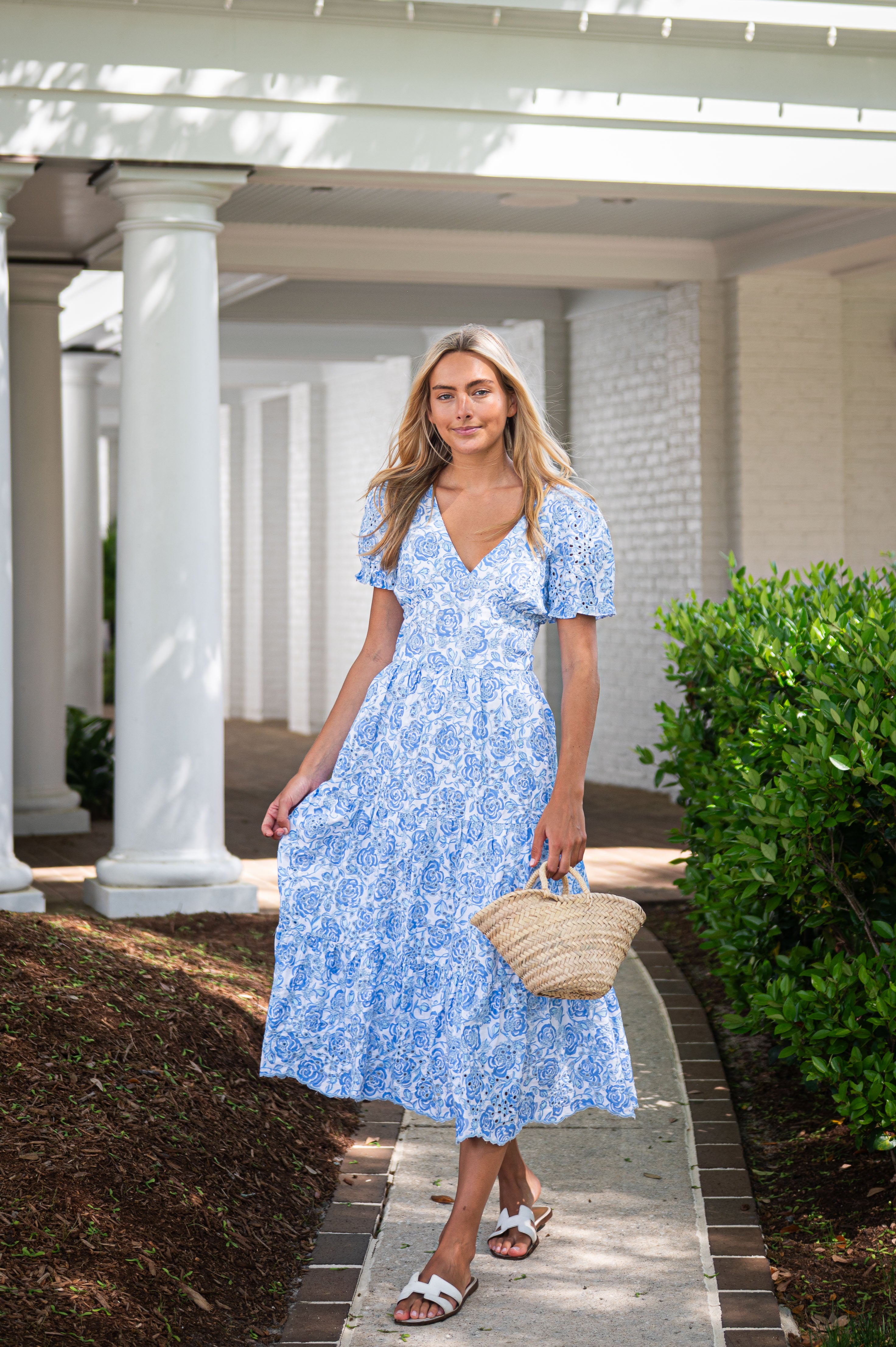Jannice | Puff Sleeve Eyelet Midi Dress - White/Blue