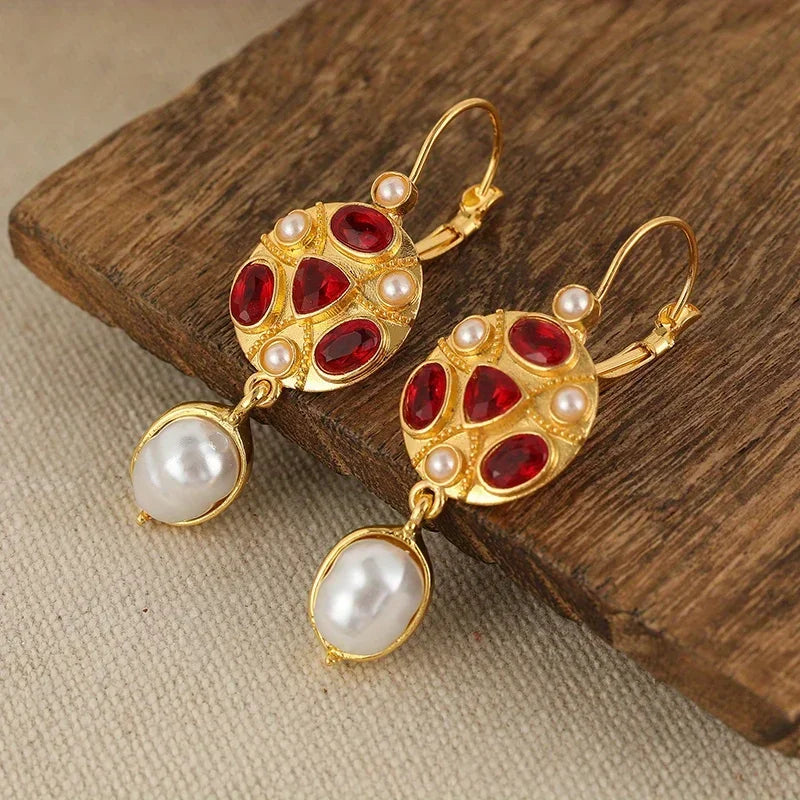 Geometric Red Color Stone Pearls Earrings